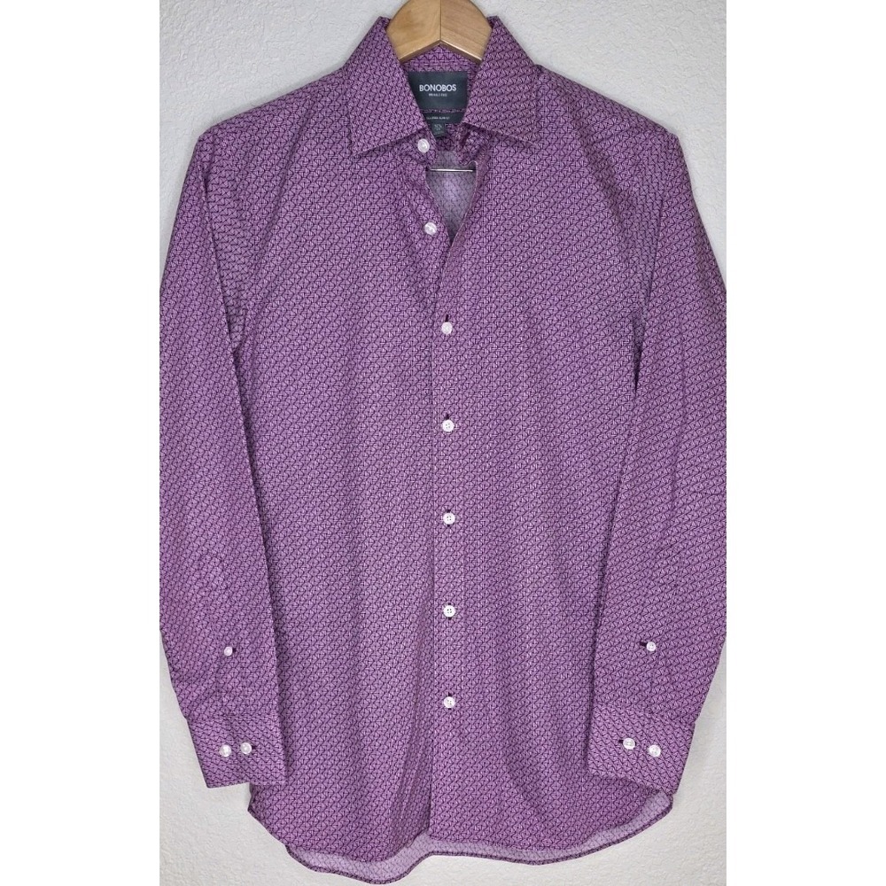 BONOBOS Tailored Fit Purple Geometric Wrinkle Free Shirt 14.5/33 Career Button